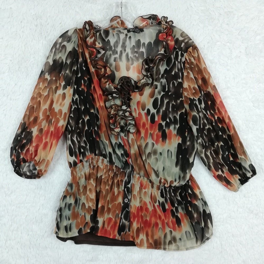 AGB Womens Top Blouse Sheer Ruffled Neckline Animal Print Half Sleeve Plus‎ 1X